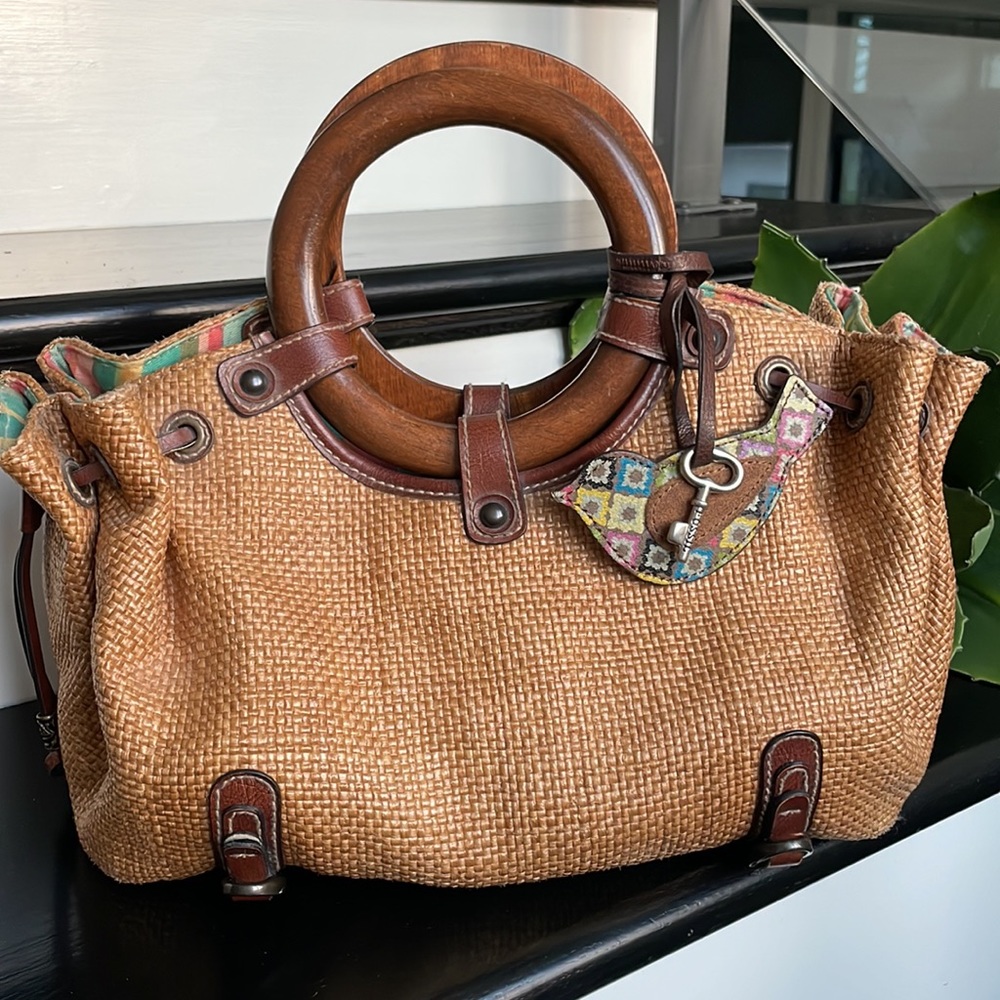 Stylish Tan Woven Handbag with Wooden Handles
